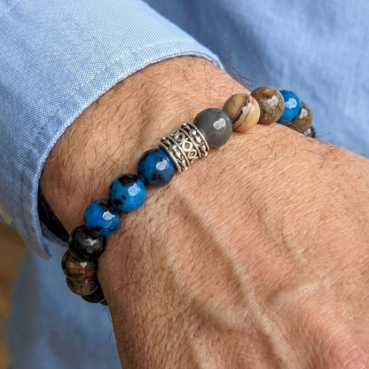 Natural Agate Stone G-23 Bracelet by Overpowered Accessories, featuring blue and brown stones with a decorative silver spacer