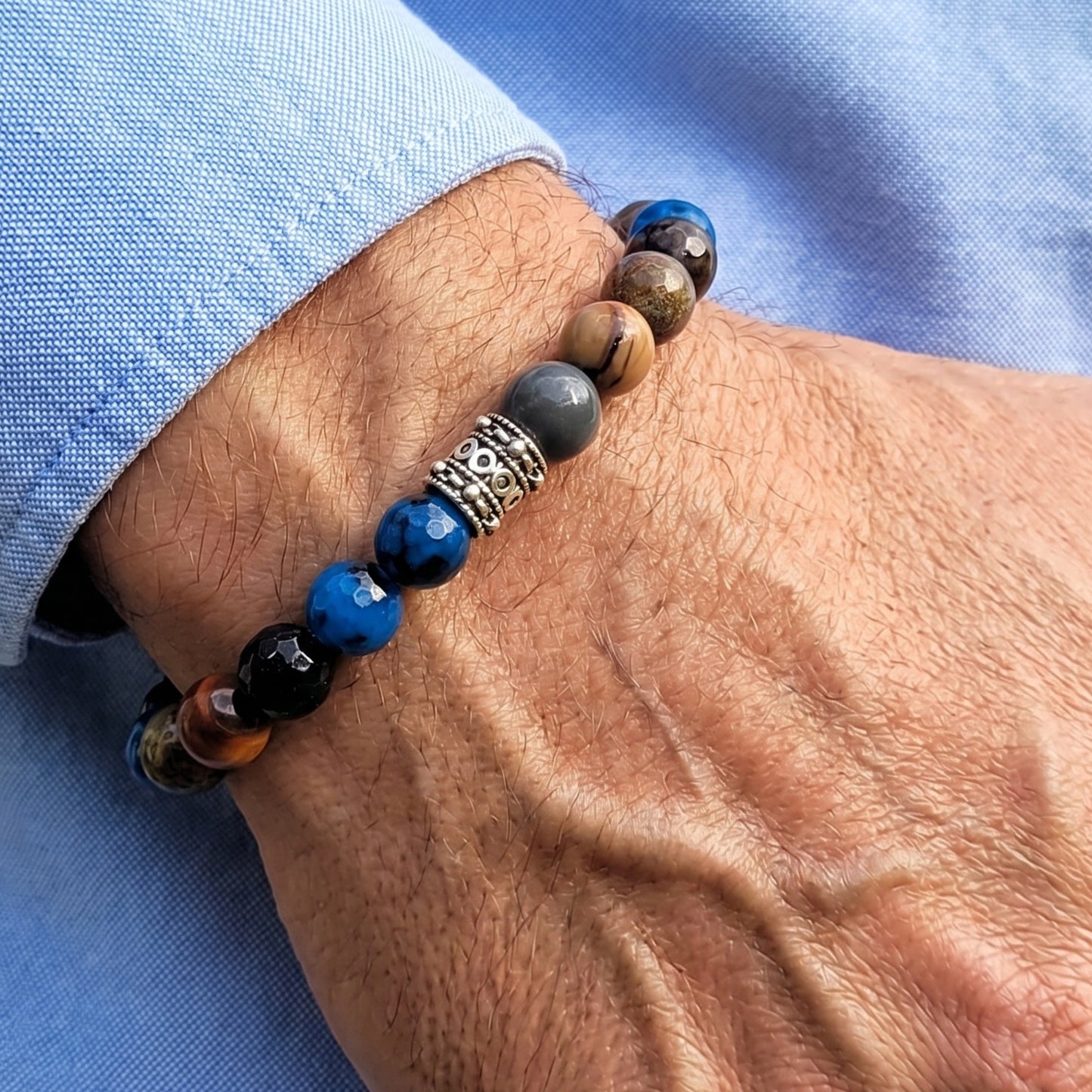 Natural Agate Stone G-23 Bracelet by Overpowered Accessories, featuring various stone beads on a man's wrist.