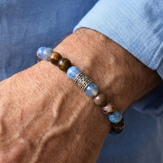 Natural Agate & Tiger Eye Gemstone G-24 Bracelet for men, featuring blue and brown beads with a decorative silver spacer.