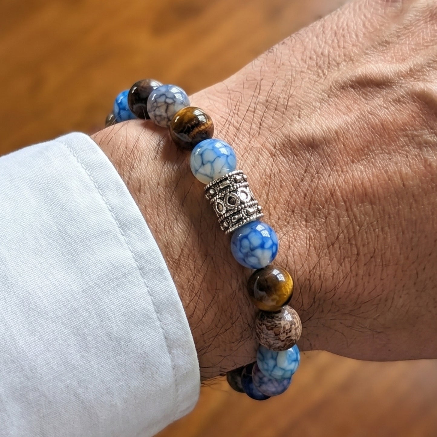 Natural Agate & Tiger Eye Gemstone G-24 Bracelet by Overpowered Accessories, featuring blue and brown beads with a decorative