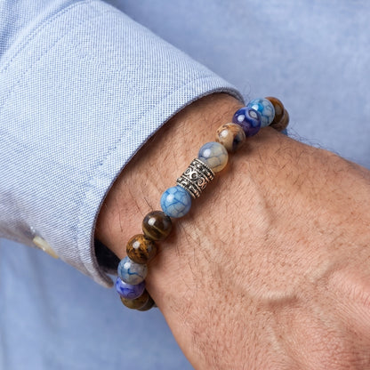 Natural Agate & Tiger Eye Gemstone G-24 Bracelet for men featuring blue and brown beads with a decorative silver spacer.