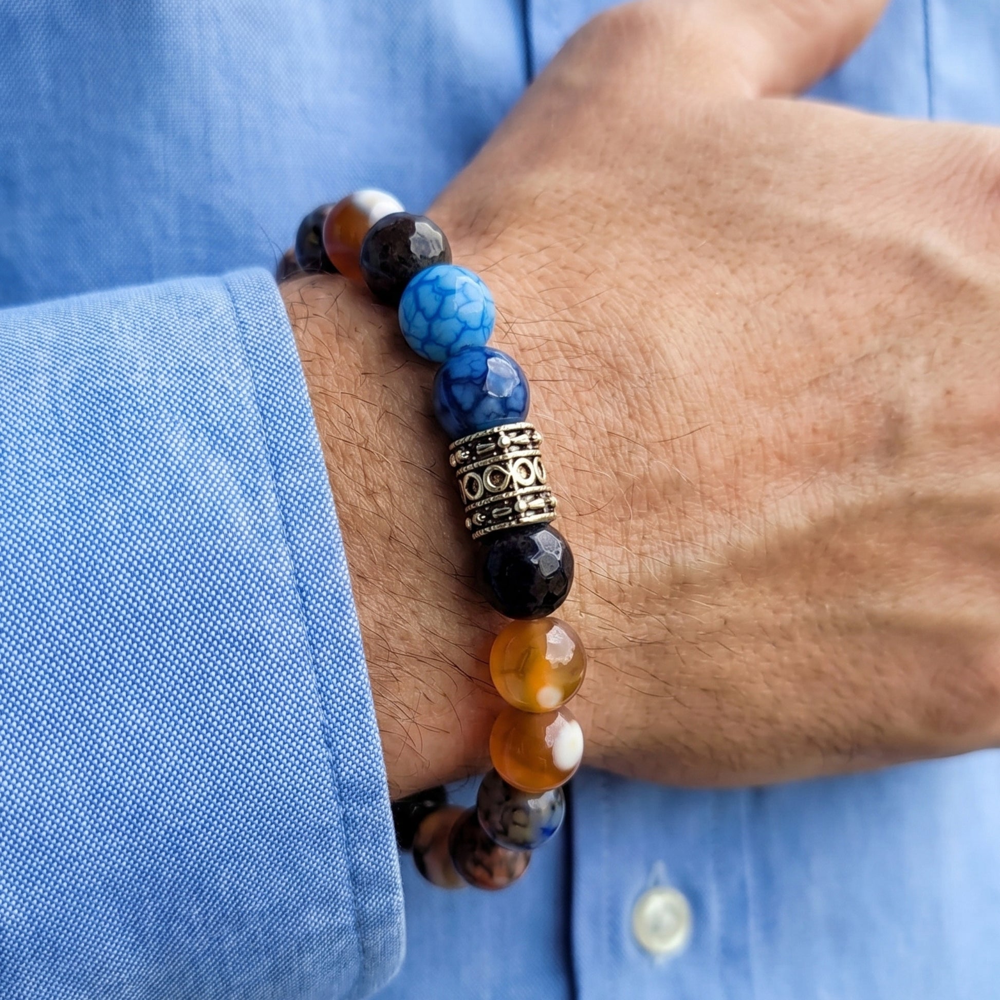 Natural Agate Stone G-25 Bracelet for men featuring blue and brown stones with a decorative silver bead.