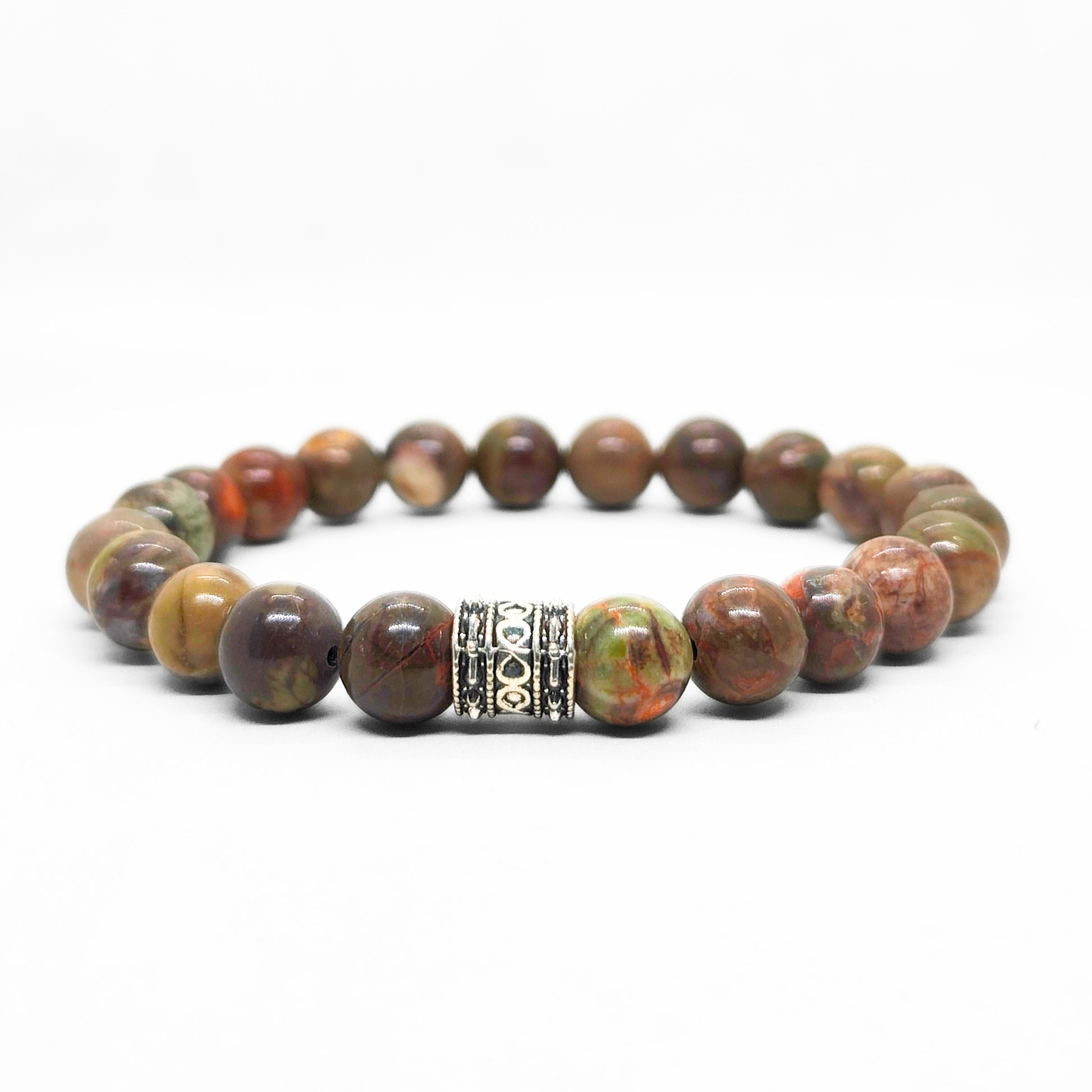 Men's Stone & Shade Bundle G-9 SG-001 features a beaded bracelet with earthy tones and a decorative silver spacer.