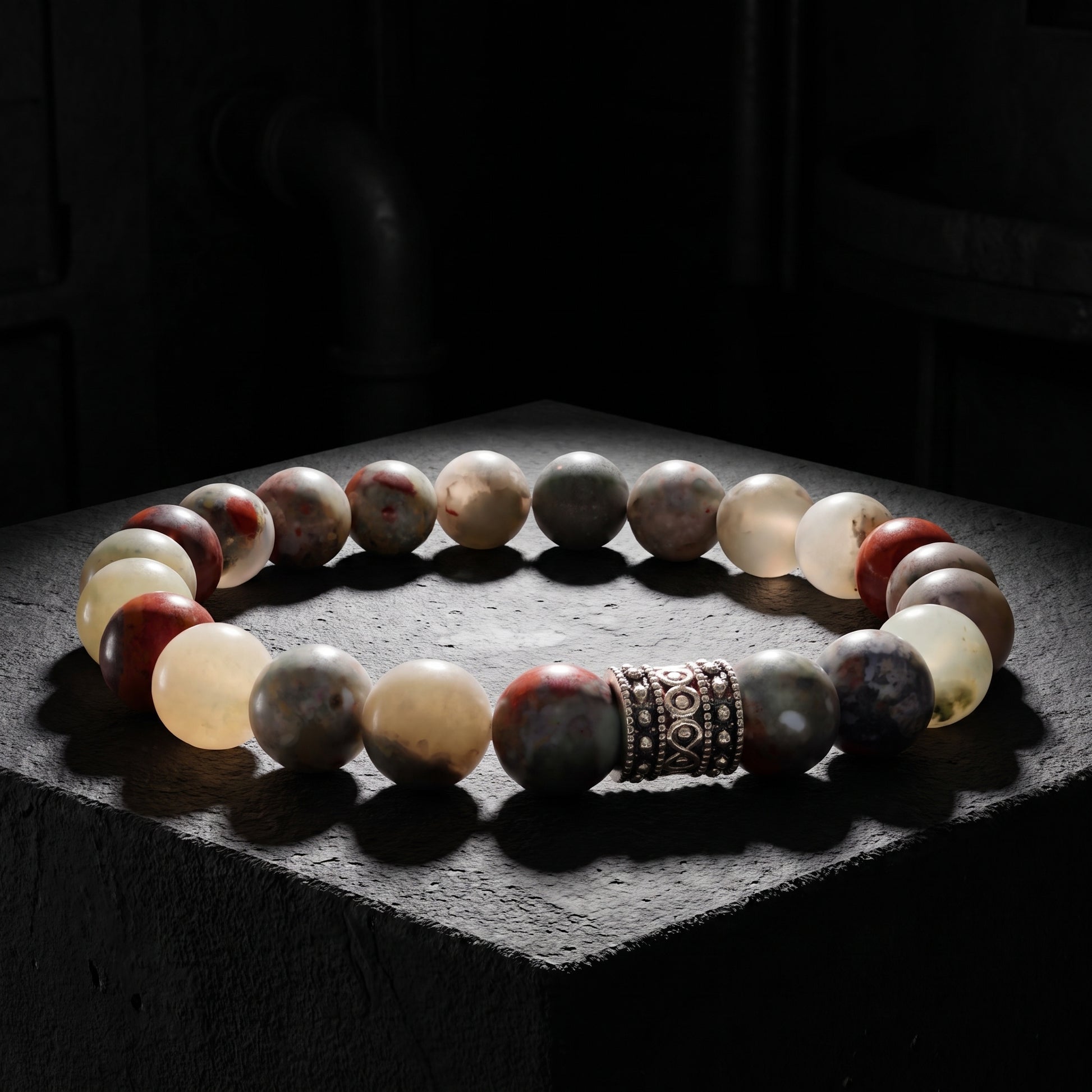 Men's bloodstone bead bracelet with round multicolor stones and engraved metal centerpiece
