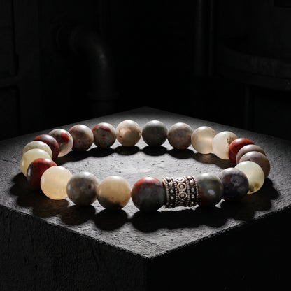 Men's bloodstone bead bracelet with round multicolor stones and engraved metal centerpiece