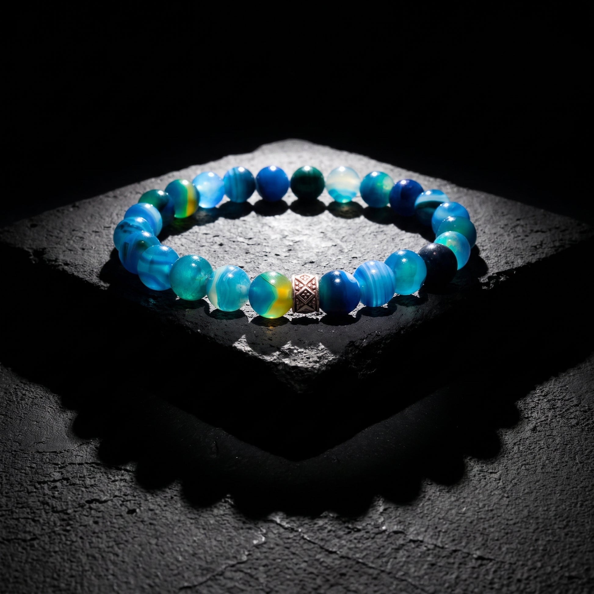 Men's beaded agate bracelet with blue and green round stones and small silver clasp