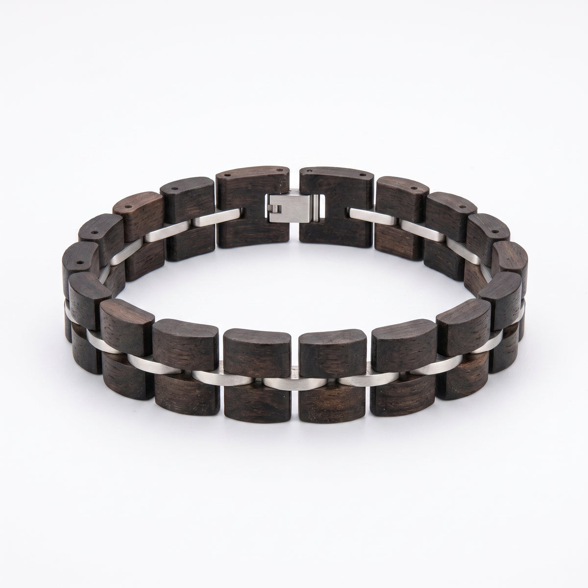 Men's ebony wood bracelet with square clasp and silver chain-style metal links, Overpowered Accessories