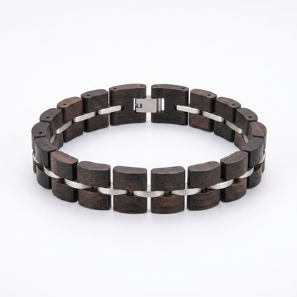 Men's ebony wood bracelet with square clasp and silver chain-style metal links, Overpowered Accessories