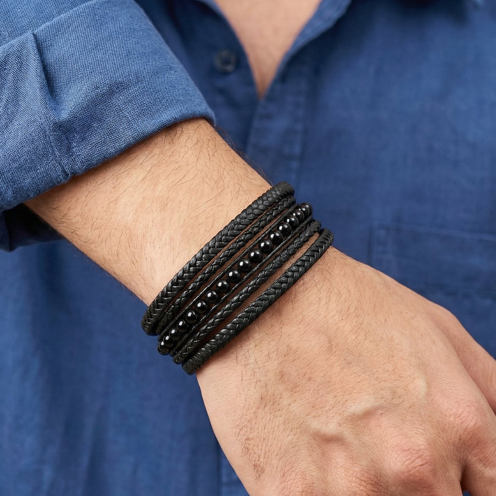 Premium Black Leather Sleek Men's Bracelet - B-125 featuring multiple braided and beaded strands worn on a wrist.