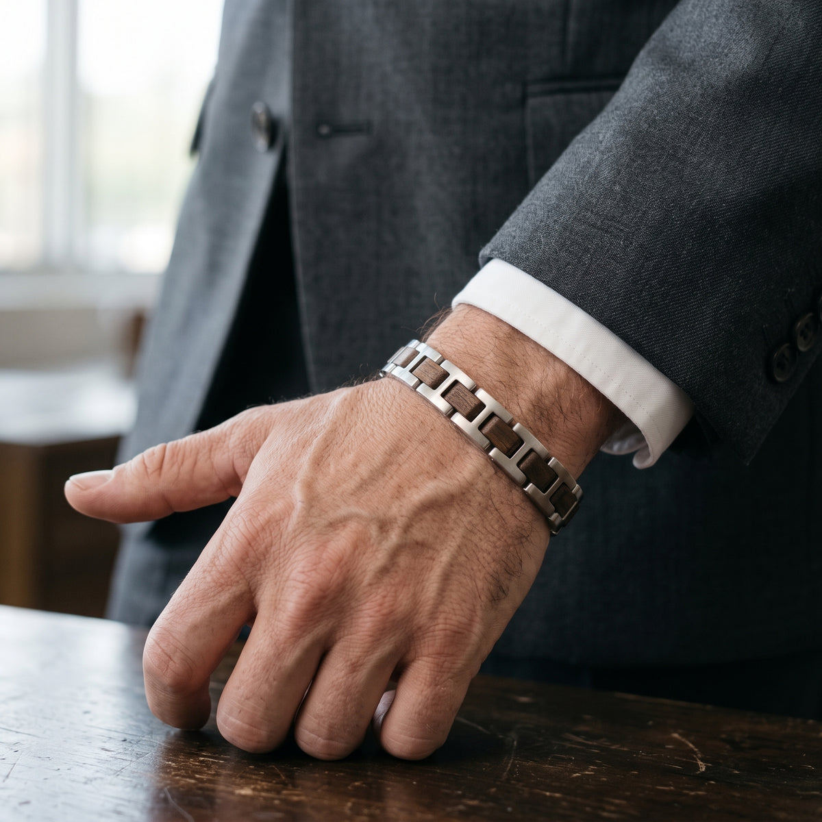 Men's stainless steel link bracelet on wrist with adjustable fit, Overpowered Accessories