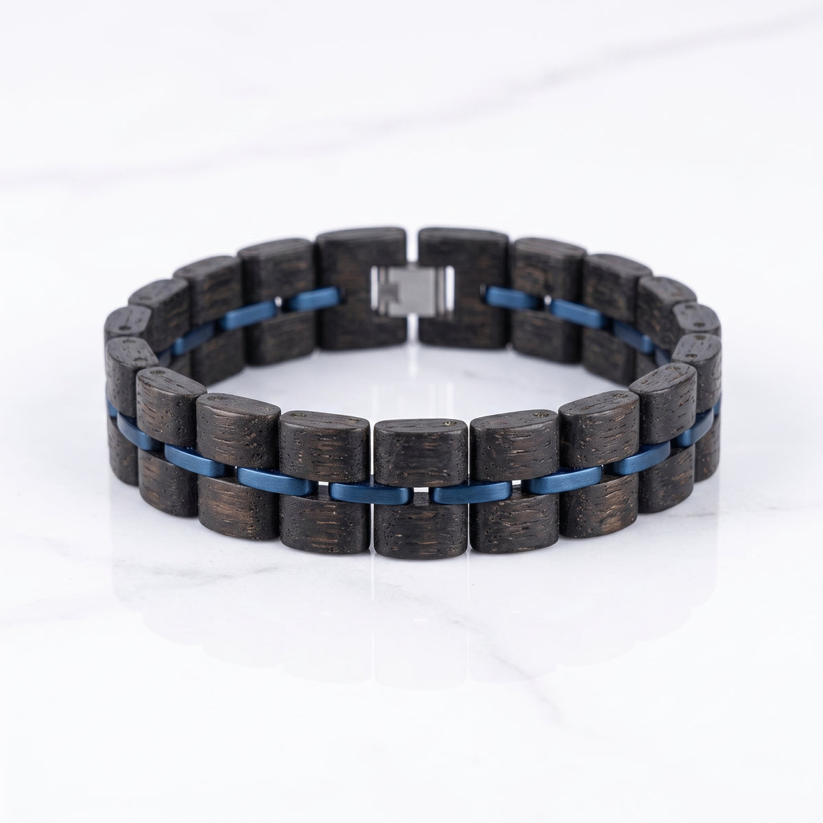 Ebony wood bracelet made of dark square beads with blue inlay and clasp, Overpowered Accessories