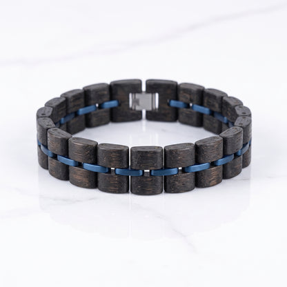 Ebony wood bracelet made of dark square beads with blue inlay and clasp, Overpowered Accessories