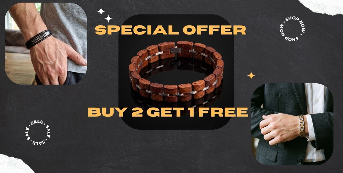 Promotional graphic for a wooden link bracelet with the text SPECIAL OFFER and BUY 2 GET 1 FREE, Overpowered Accessories