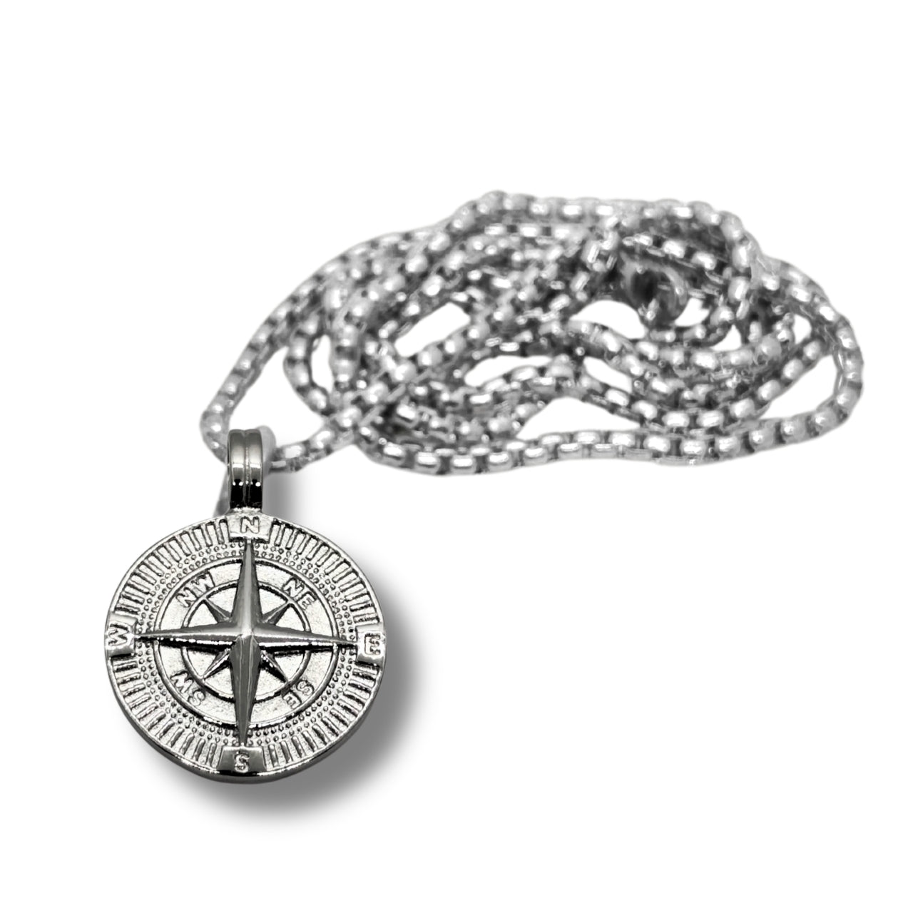 Silver steel compass pendant necklace with intricate design, featuring a chain for stylish wear. Ideal for adventurers.