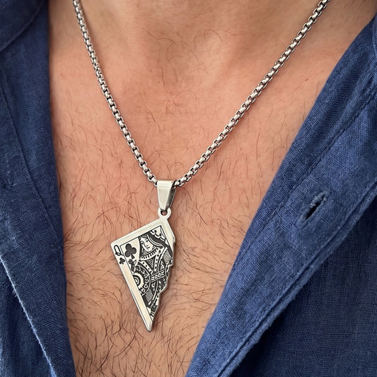 Silver PN-10 Queen Card Pendant necklace on a chain, worn on a man's neck, featuring intricate card design details.