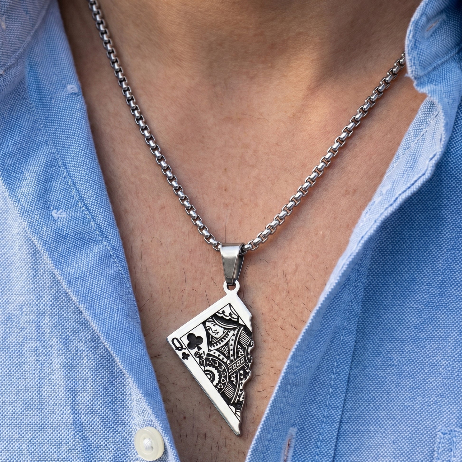 Men's PN-10 Queen Card Pendant necklace by Overpowered Accessories features a stylish silver chain and a detailed queen card 