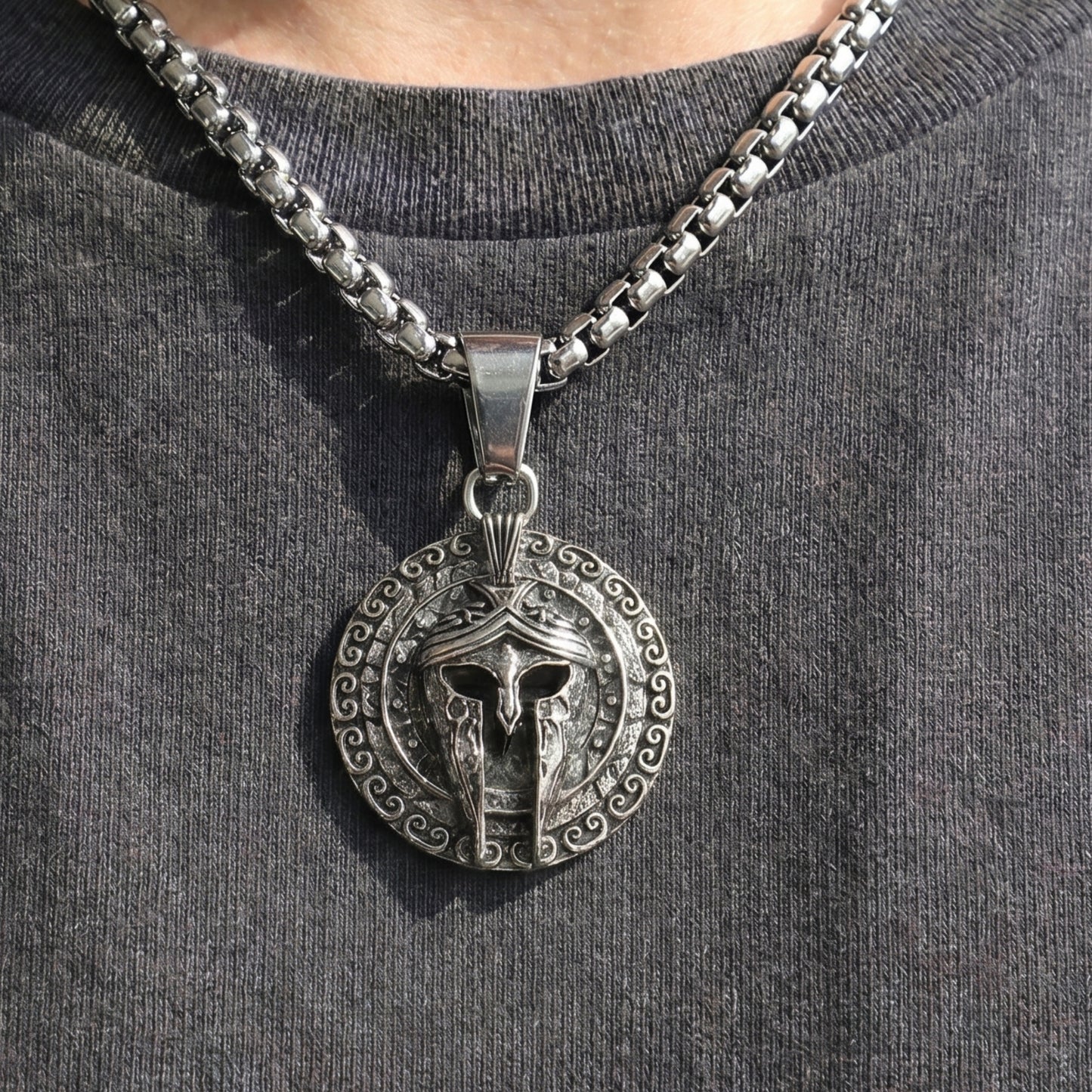 Men's PN-11 Sparta Warrior Pendant necklace by Overpowered Accessories featuring a detailed silver-tone pendant on a chunky c