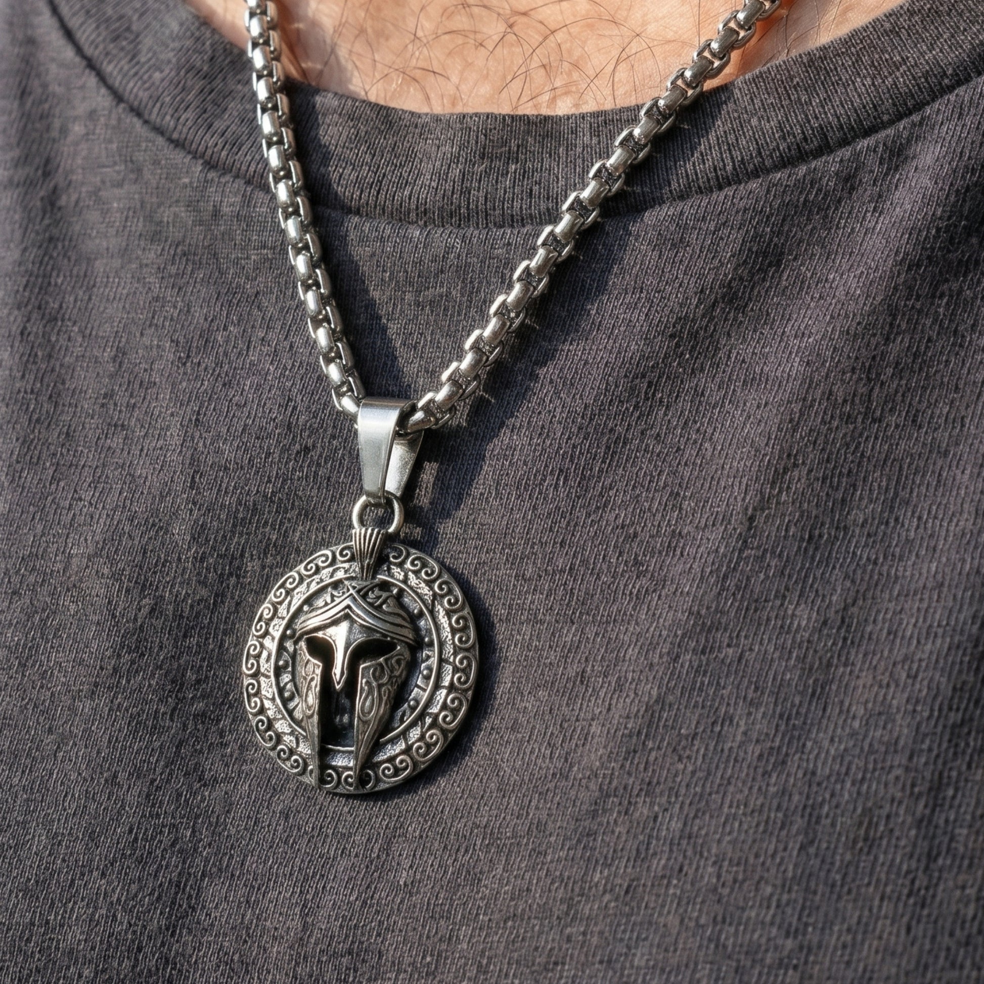 Men's PN-11 Sparta Warrior Pendant necklace by Overpowered Accessories featuring a metallic shield design on a chain.