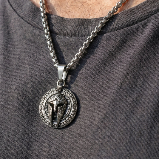 Men's PN-11 Sparta Warrior Pendant necklace by Overpowered Accessories featuring a metallic shield design on a chain.