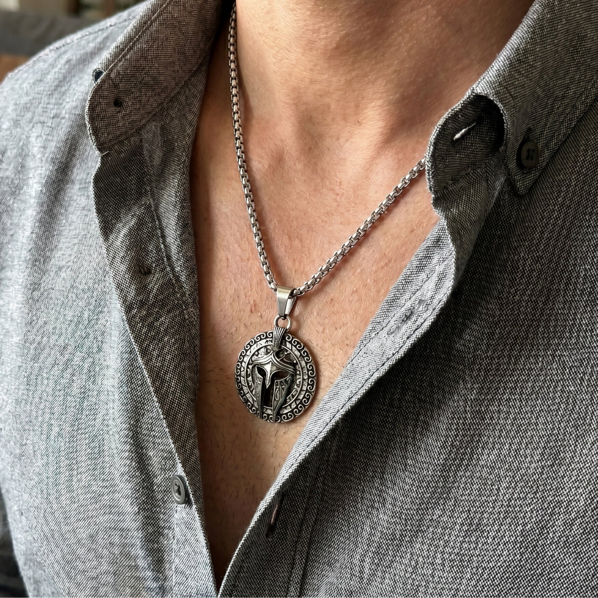 Men's PN-11 Sparta Warrior Pendant necklace by Overpowered Accessories, featuring a detailed pendant on a silver chain.