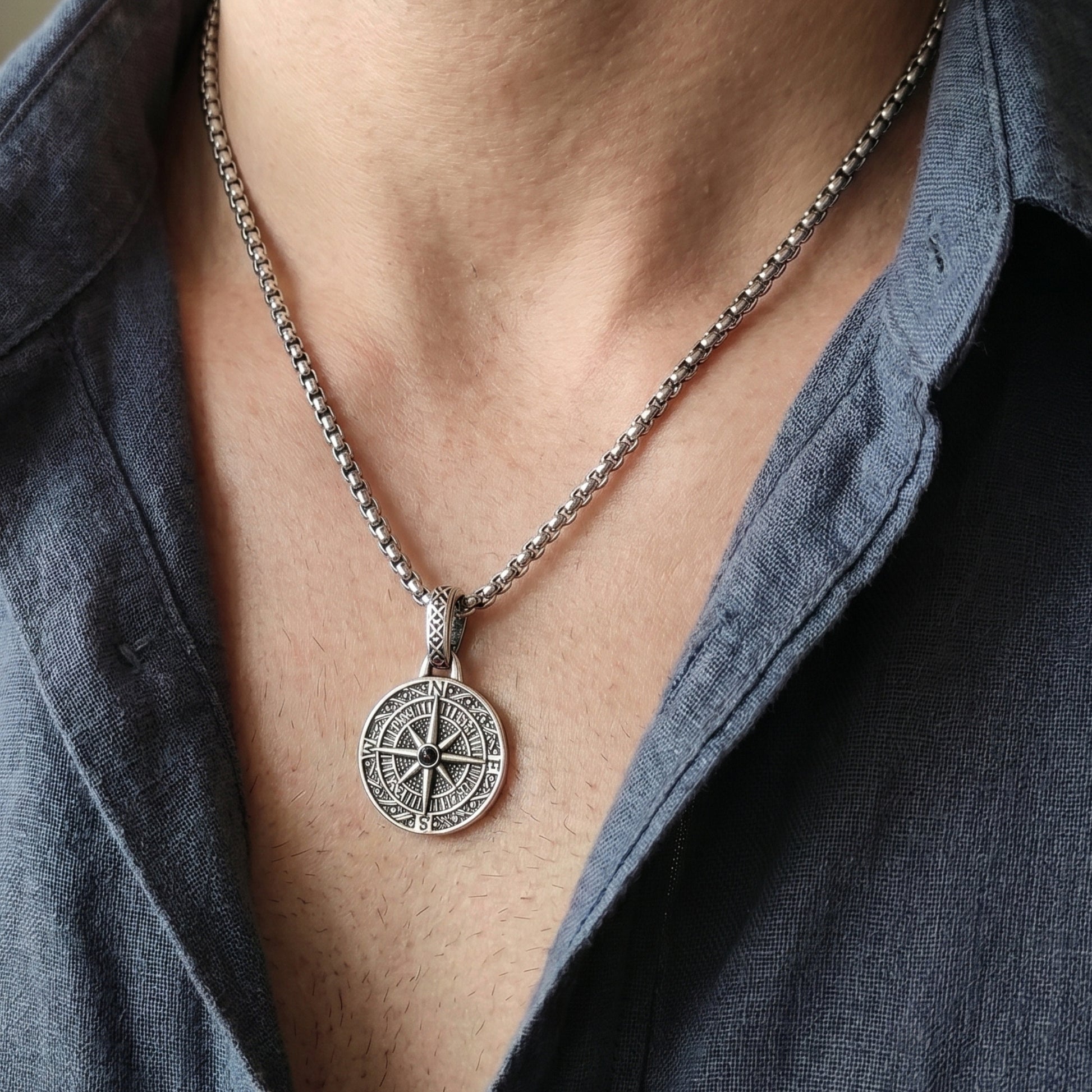 Men's PN-12 Compass Micro-Zircon Pendant necklace by Overpowered Accessories, featuring a detailed compass design on a silver