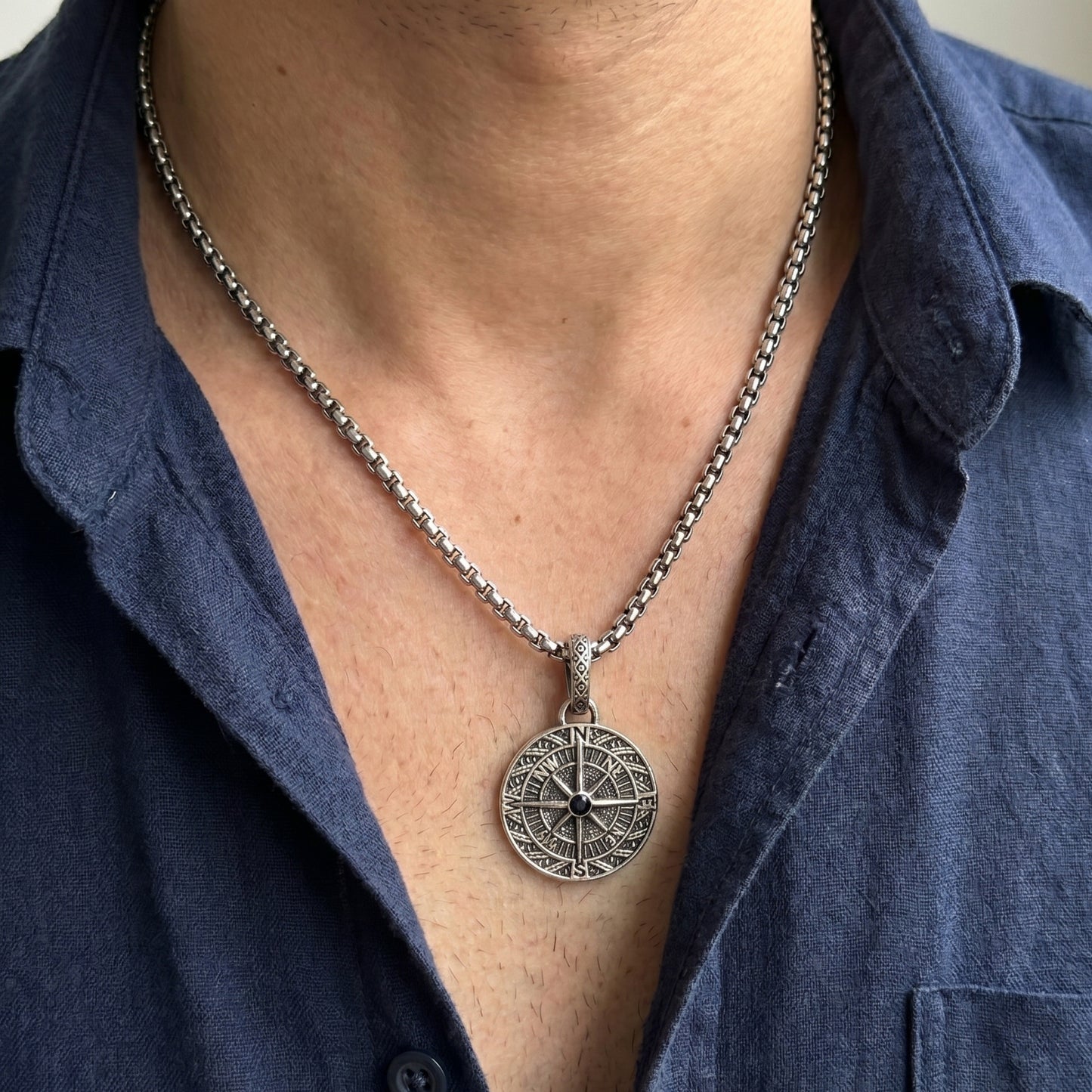 Men's PN-12 Compass Micro-Zircon Pendant necklace by Overpowered Accessories, featuring a detailed compass design on a silver