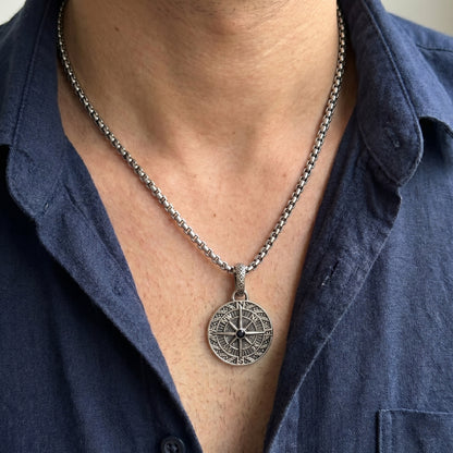 Men's PN-12 Compass Micro-Zircon Pendant necklace by Overpowered Accessories, featuring a detailed compass design on a silver