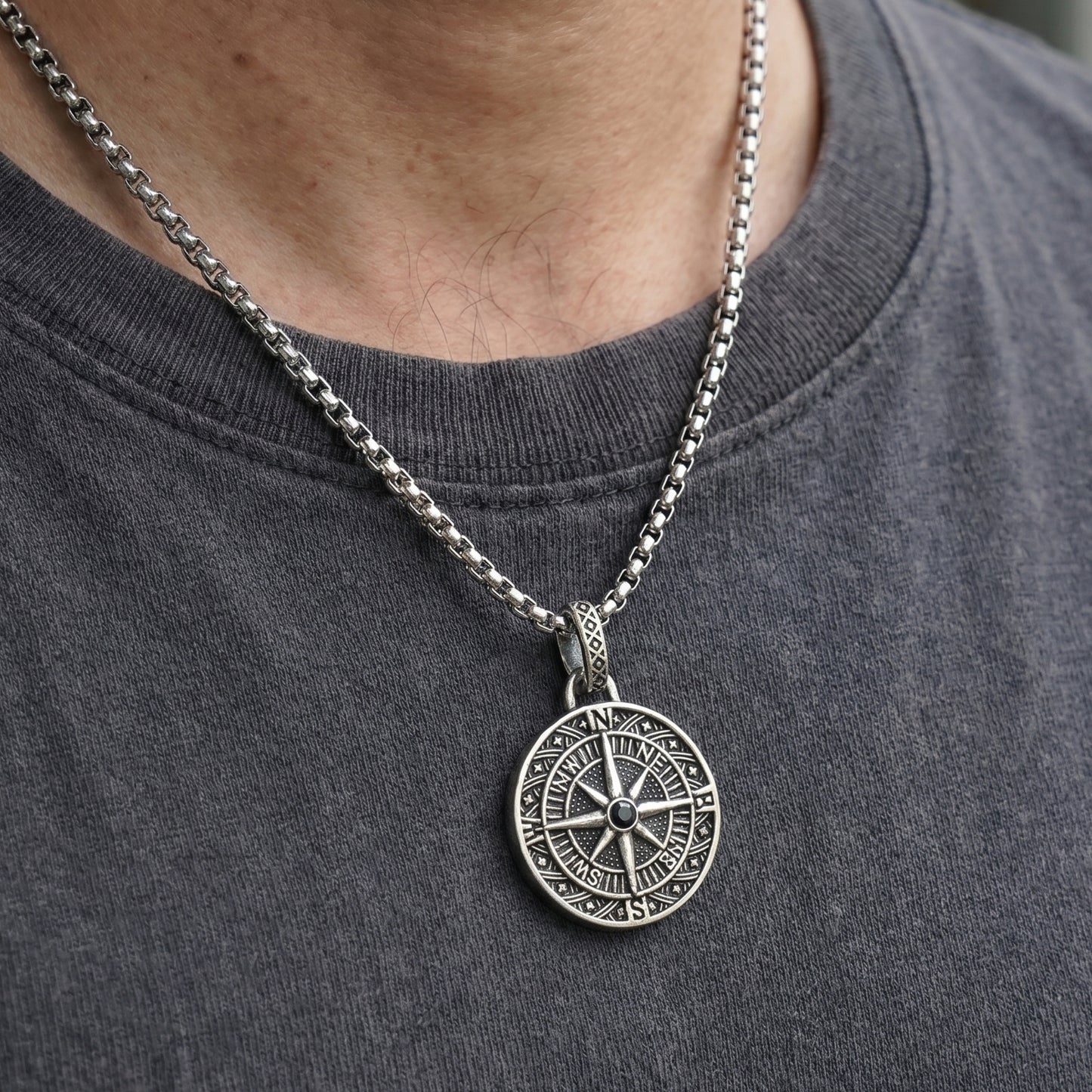 Men's PN-12 Compass Micro-Zircon Pendant necklace by Overpowered Accessories, featuring a detailed compass design on a silver