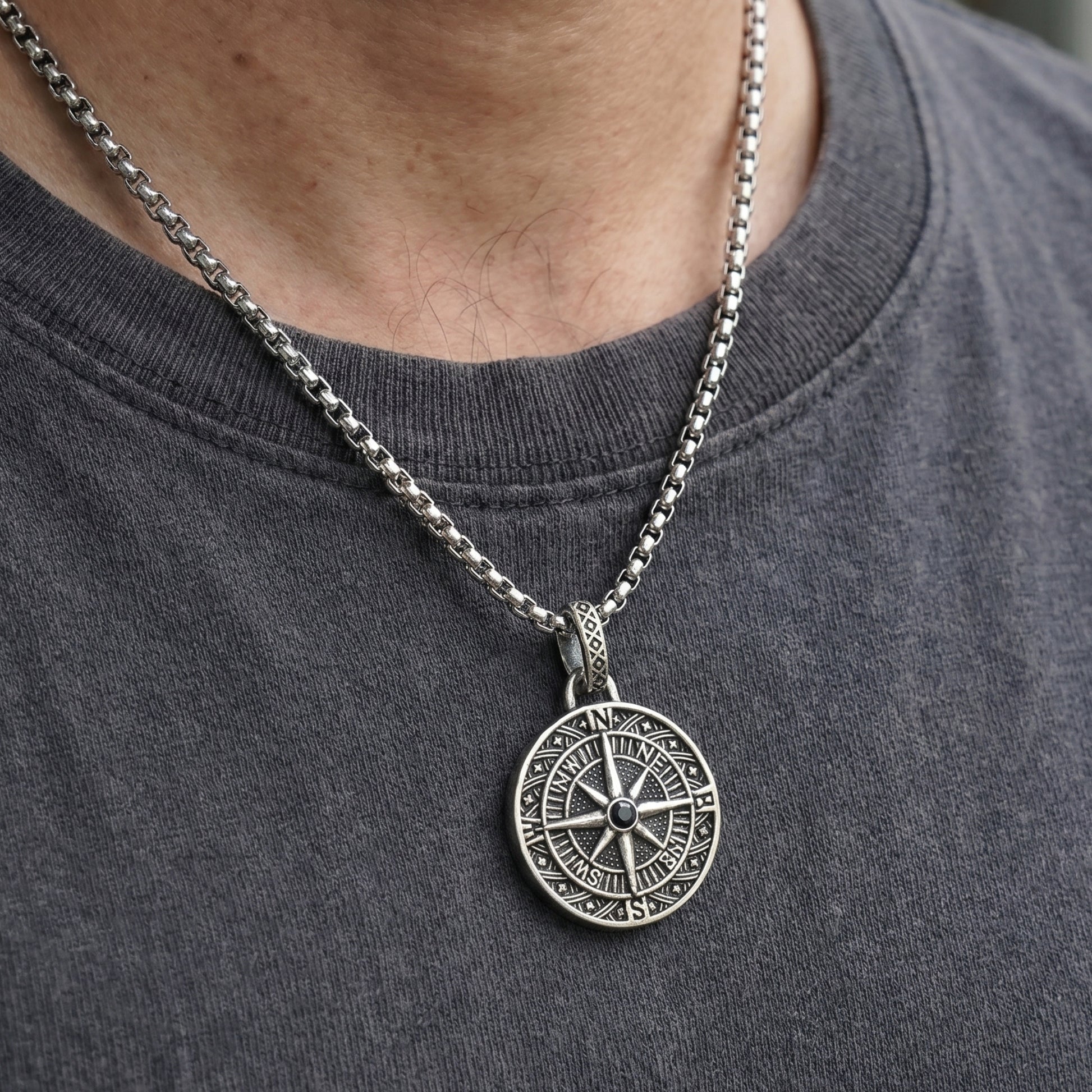 Men's PN-12 Compass Micro-Zircon Pendant necklace by Overpowered Accessories, featuring a detailed compass design on a silver