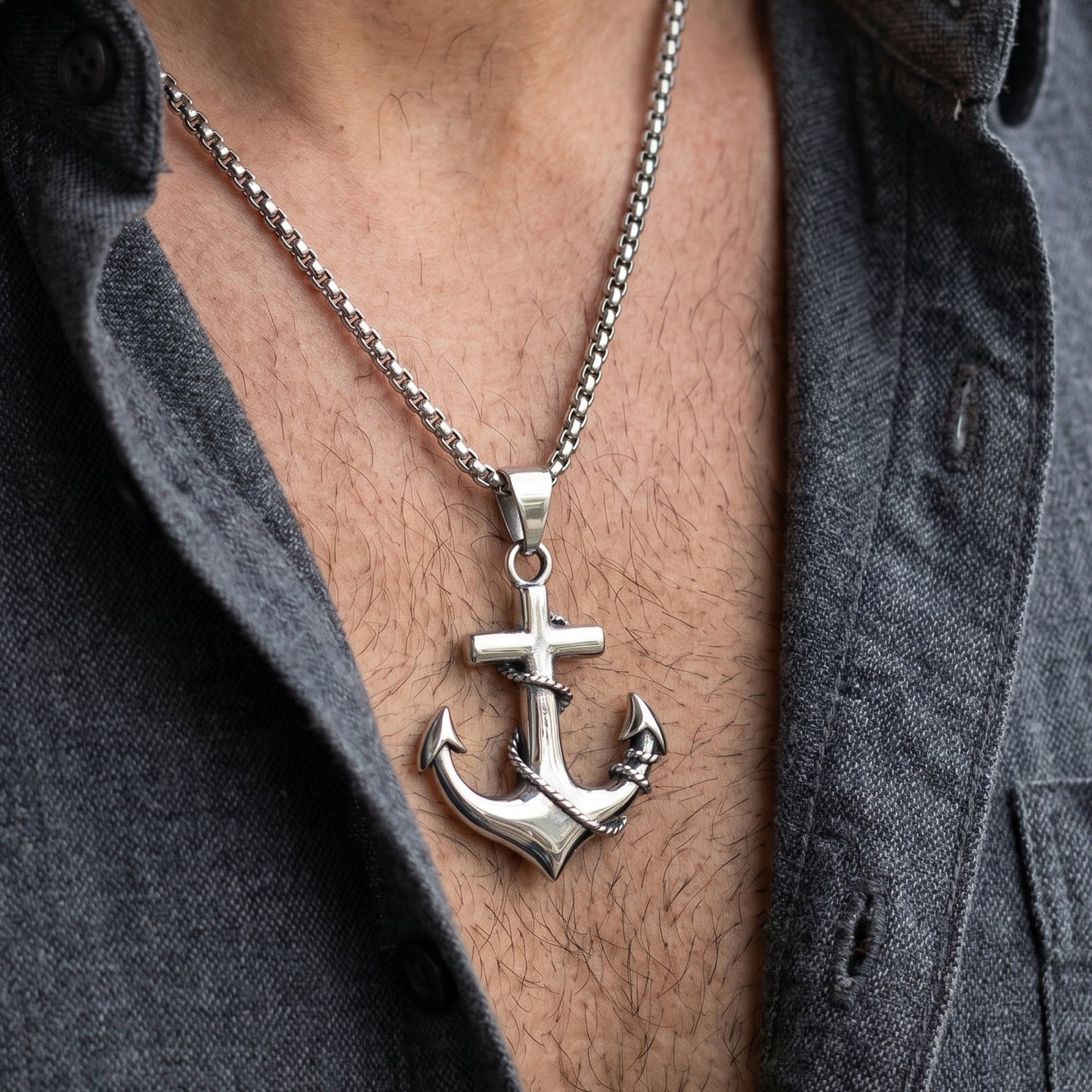 Men's PN-13 Anchor Pendant necklace by Overpowered Accessories featuring a silver anchor design on a chain.