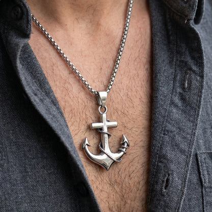 Men's PN-13 Anchor Pendant necklace by Overpowered Accessories featuring a silver anchor design on a chain.