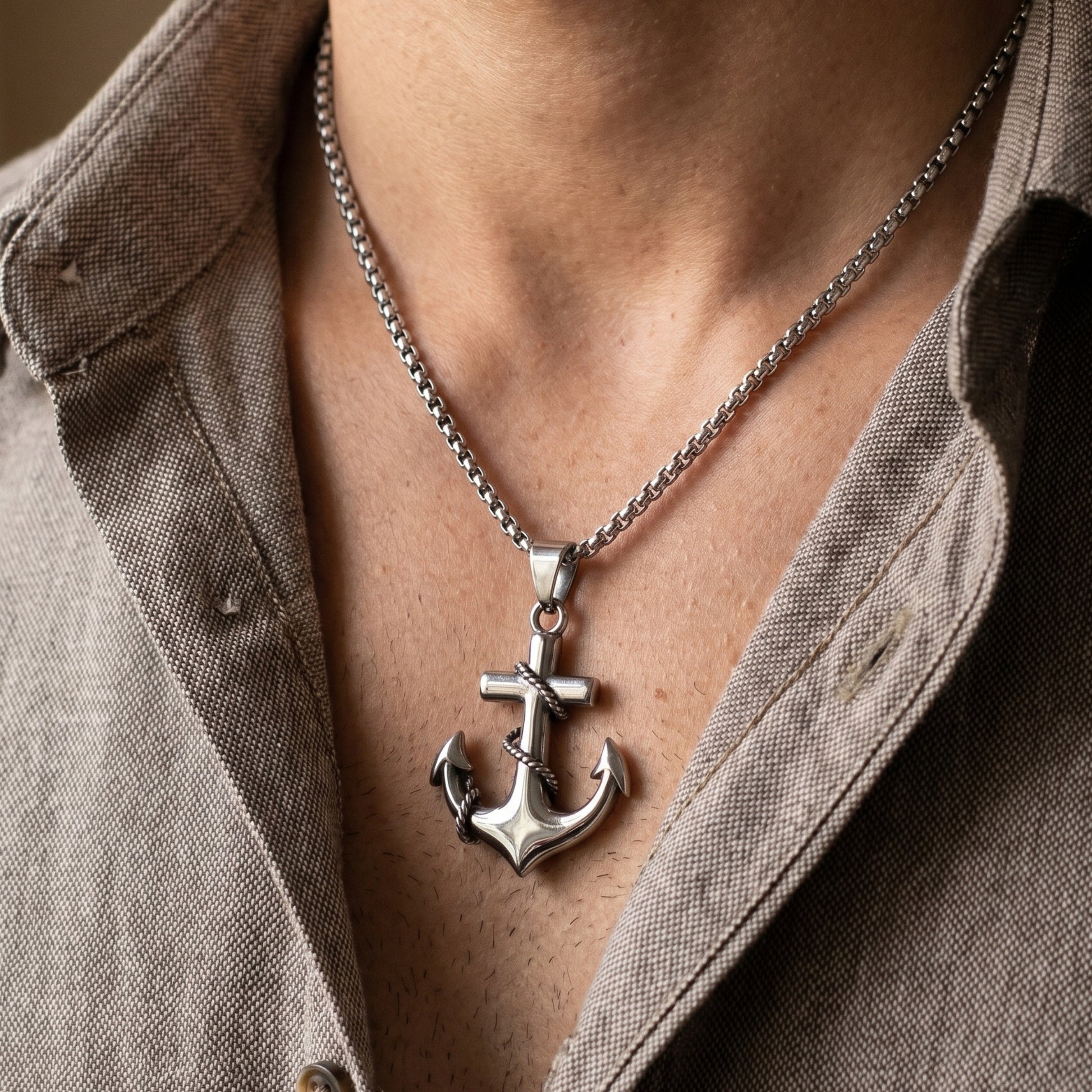 Men's PN-13 Anchor Pendant necklace by Overpowered Accessories, featuring a silver anchor design on a chain.