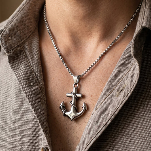Men's PN-13 Anchor Pendant necklace by Overpowered Accessories, featuring a silver anchor design on a chain.