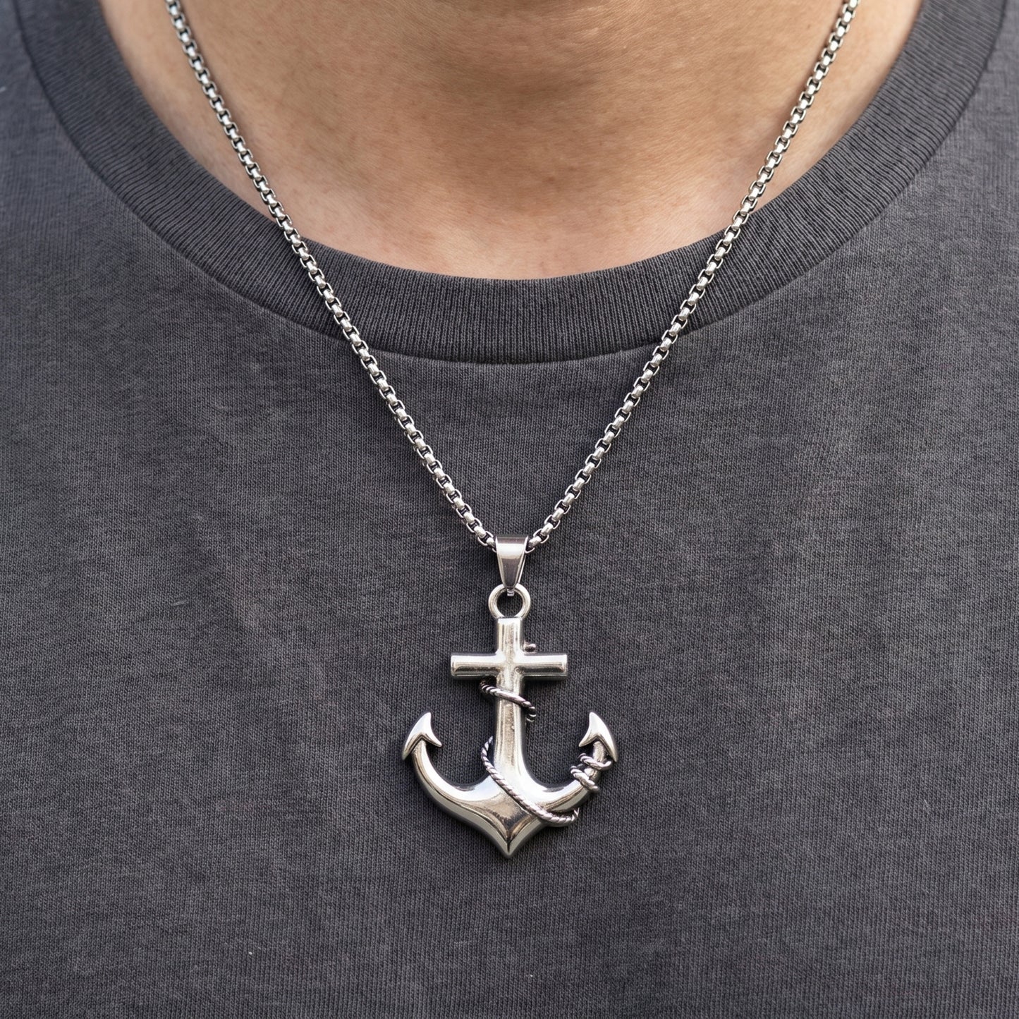 Men's PN-13 Anchor Pendant necklace by Overpowered Accessories, featuring a silver anchor pendant on a chain, worn over a dar
