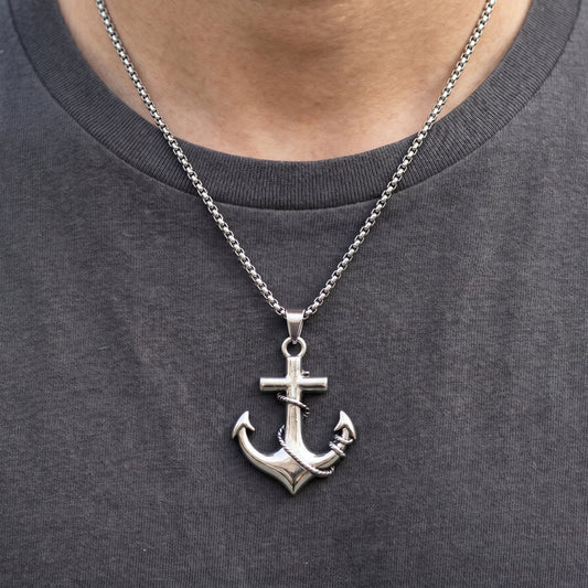 Men's PN-13 Anchor Pendant necklace by Overpowered Accessories, featuring a silver anchor pendant on a chain, worn over a dar