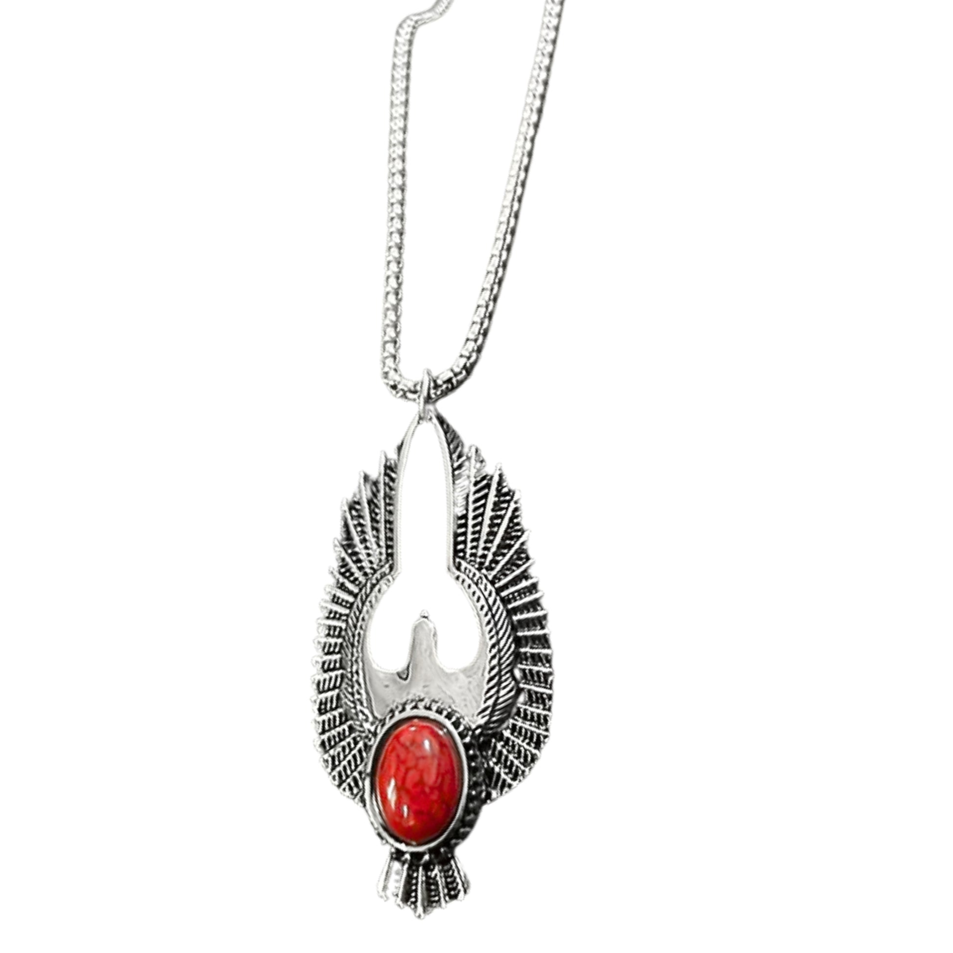 Silver-tone eagle pendant necklace with red oval stone, centered on metal chain