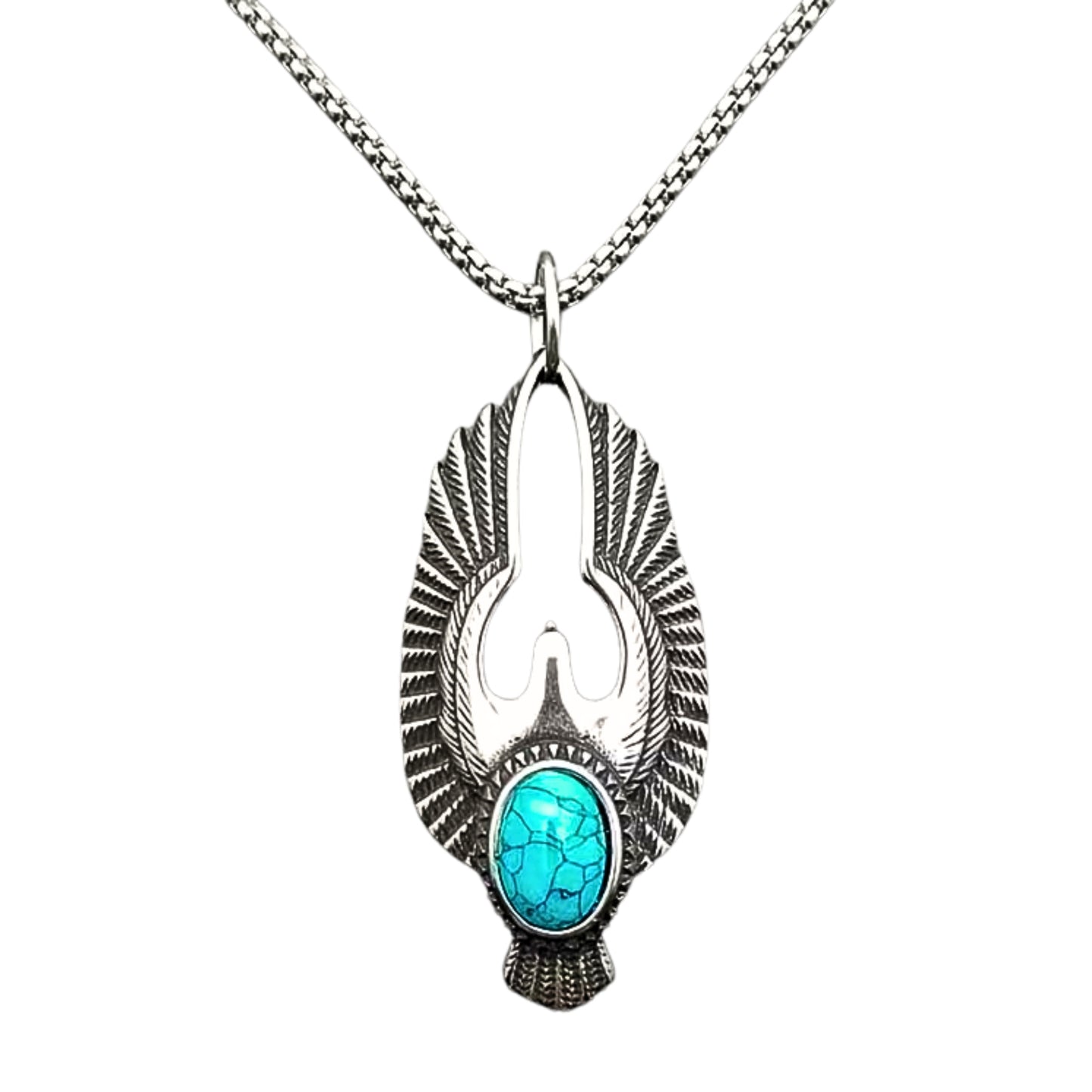 Silver eagle pendant necklace with turquoise teardrop cabochon stone on a chain