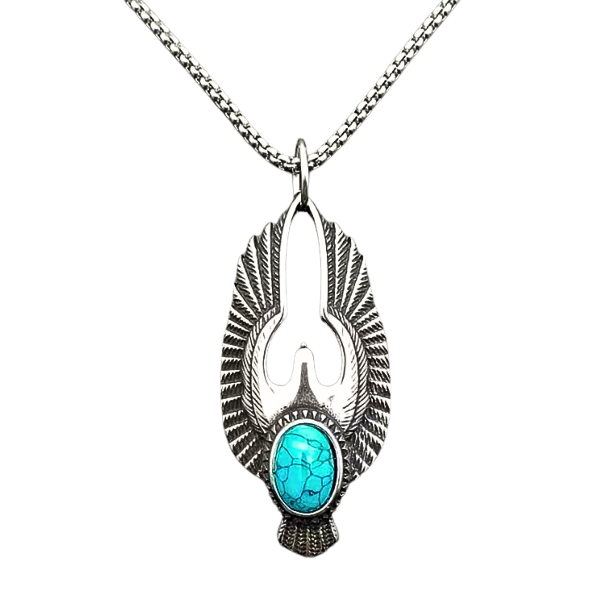 Silver eagle pendant necklace with turquoise teardrop cabochon stone on a chain
