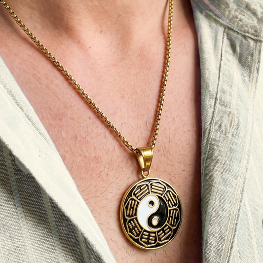 Gold yin-yang pendant necklace with round charm, smooth gold bail and chain