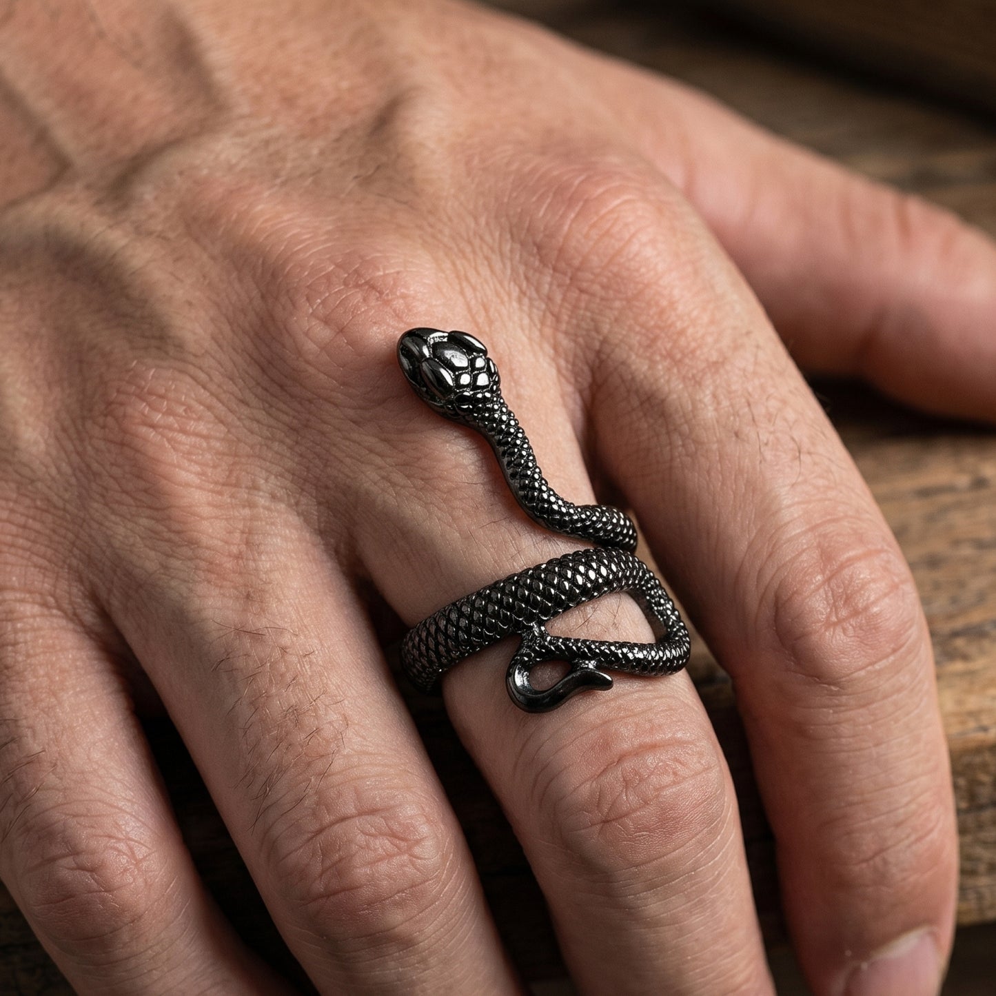 Bold Snake Design Zinc Alloy R-6 Ring for men, featuring a detailed snake motif wrapped around the finger.