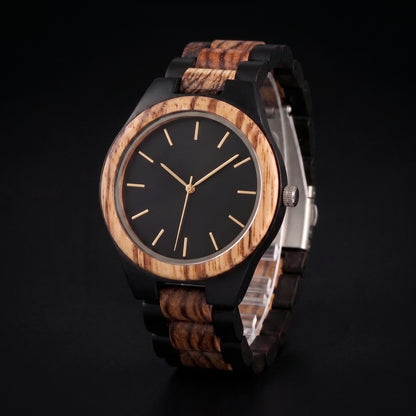 Men's wooden wristwatch with round wood bezel, black dial, and dark wooden link strap, Overpowered Accessories