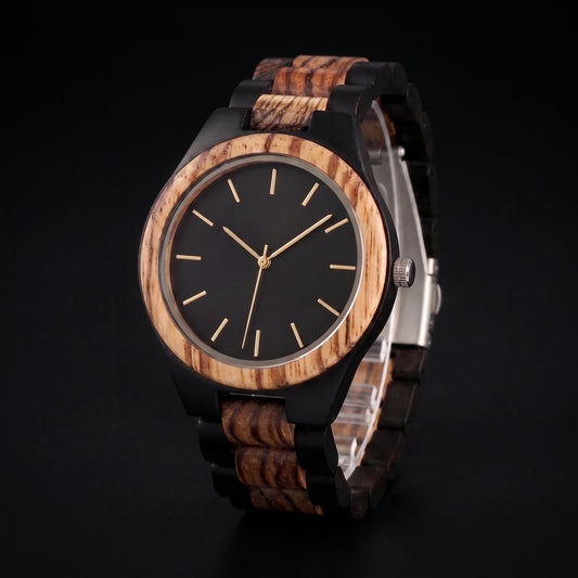 Men's wooden wristwatch with round wood bezel, black dial, and dark wooden link strap, Overpowered Accessories