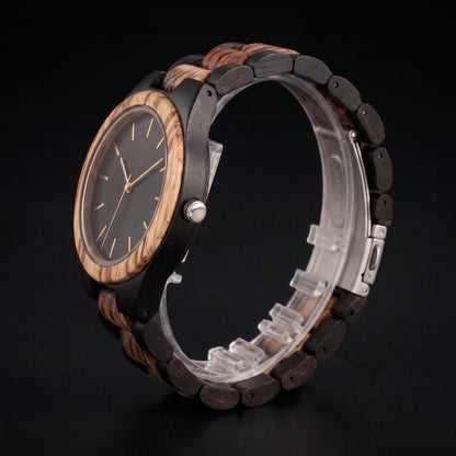 Men's wooden wristwatch with black dial and round wood bezel, side view with clasp, Overpowered Accessories
