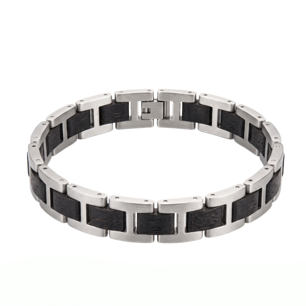 Wide bracelet with black inlaid inserts and silver stainless steel box-style links, Overpowered Accessories