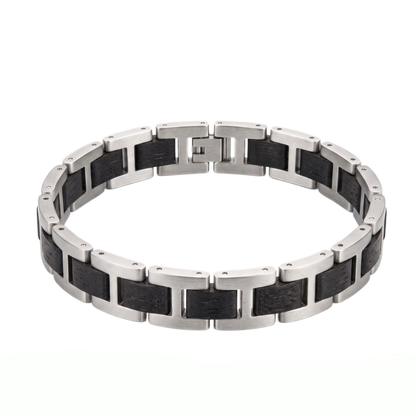 Wide bracelet with black inlaid inserts and silver stainless steel box-style links, Overpowered Accessories