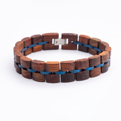 Men's rosewood beaded bracelet with blue links and silver clasp, Overpowered Accessories
