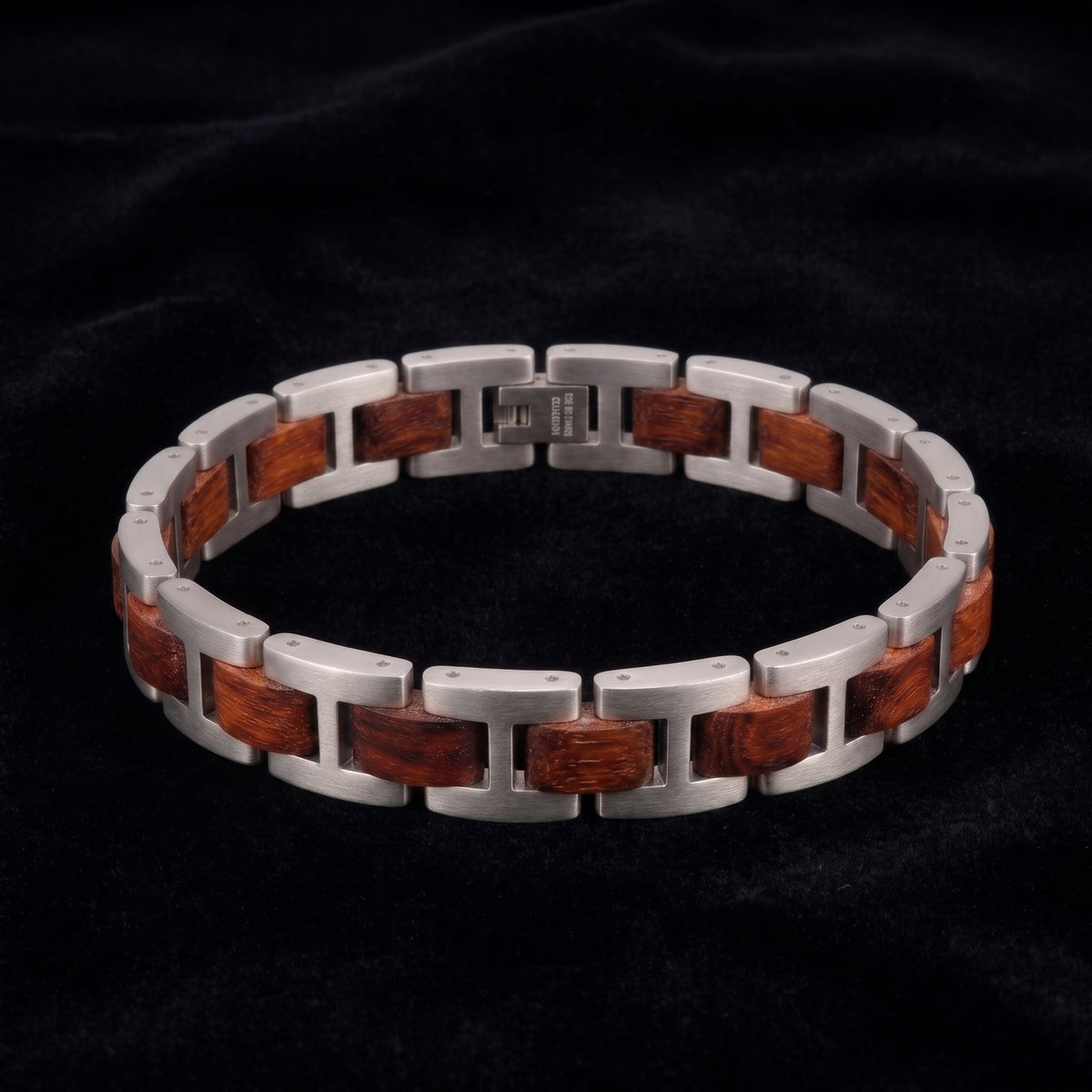 Men's stainless steel and rosewood inlay link bracelet, rectangular panels, Overpowered Accessories