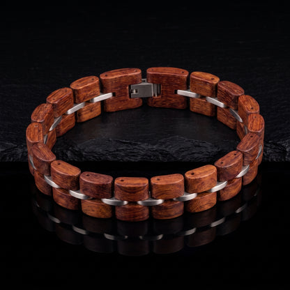 Men's rosewood bracelet with rectangular wood links and silver metal connectors, Overpowered Accessories