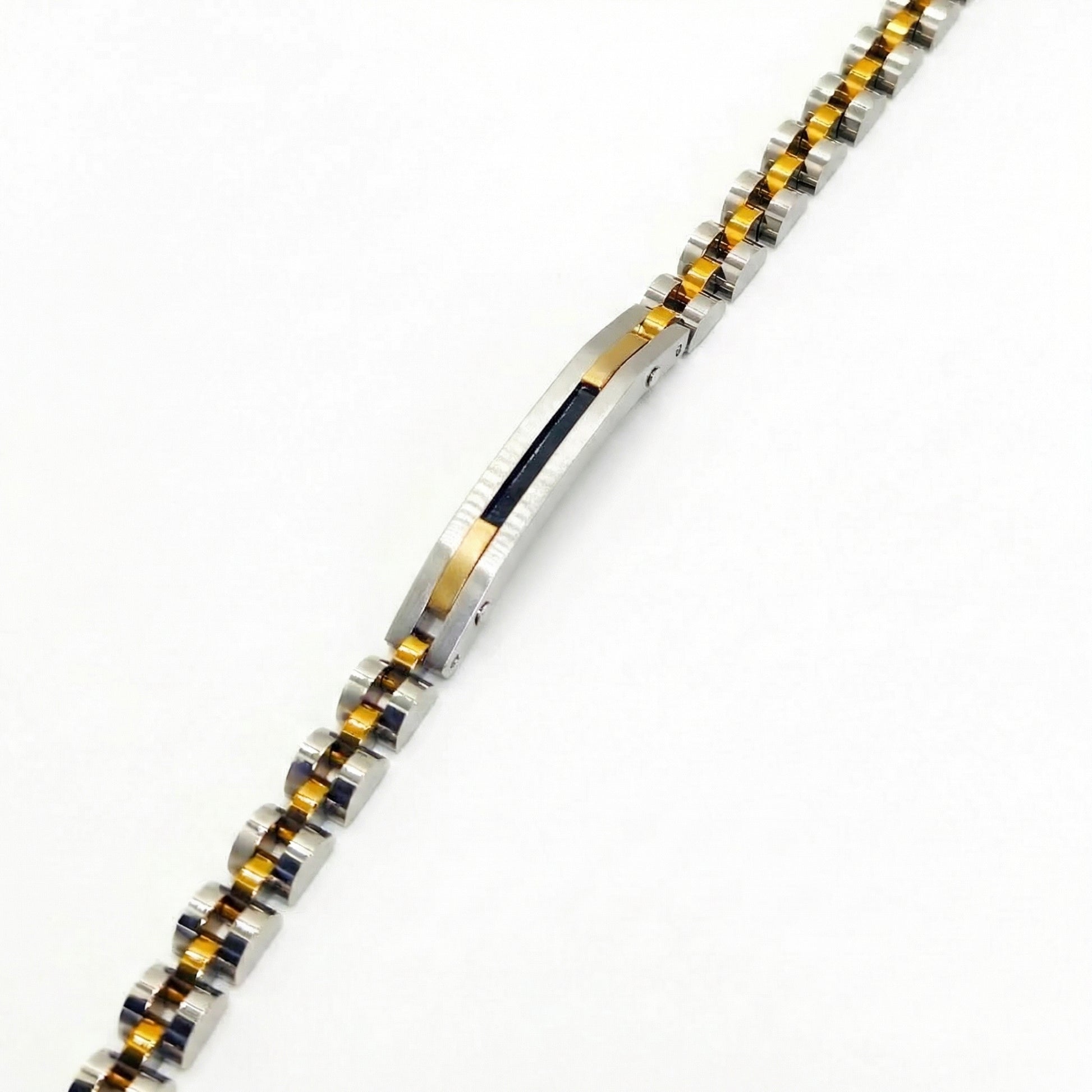 Tri-Color B-85 Bracelet by Overpowered Accessories features stainless steel links in silver, gold, and black.