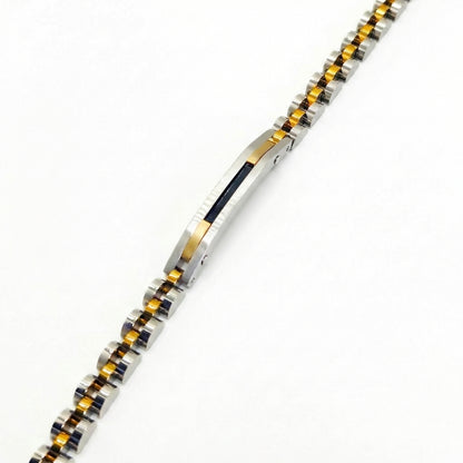 Tri-Color B-85 Bracelet by Overpowered Accessories features stainless steel links in silver, gold, and black.